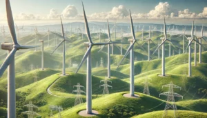 DALL·E 2024-11-26 05.19.34 - A highly realistic and detailed illustration of an onshore wind farm in operation. The image features several wind turbines on rolling green hills, wi