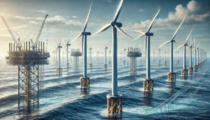 DALL·E 2024-11-26 05.22.08 - A highly realistic and detailed illustration of an offshore wind farm in operation. The image features large wind turbines standing in the ocean, with