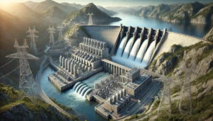 DALL·E 2024-11-26 05.26.11 - A highly realistic and detailed illustration of a dam-based hydroelectric power plant. The image features a large dam holding back a reservoir, with w