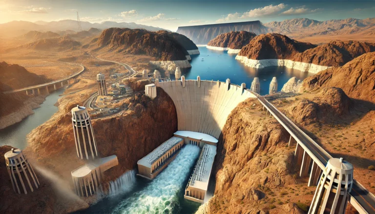 DALL·E 2024-11-26 05.31.00 - A highly realistic and detailed illustration of the Hoover Dam and Lake Mead in a desert setting. The image captures the massive dam structure with wa