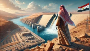 DALL·E 2024-11-26 05.47.11 - A highly realistic and detailed illustration of the Aswan High Dam on the Nile River in Egypt, featuring a Bedouin figure in traditional attire. The B