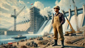 DALL·E 2024-11-26 05.51.03 - A highly realistic and detailed illustration of the Włocławek Dam on the Vistula River during its construction in the 1960s. The scene features a Poli