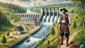 DALL·E 2024-11-26 05.54.21 - A highly realistic and detailed illustration of a small hydroelectric power plant on the Radunia River in Poland, featuring a farmer in traditional Ka