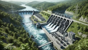 DALL·E 2024-11-26 05.57.53 - A highly realistic and detailed illustration of a run-of-river hydroelectric power plant in operation. The image shows the river flowing through the t