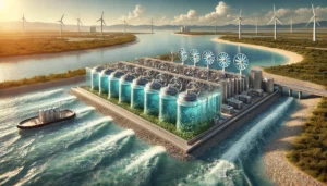 DALL·E 2024-11-26 08.09.49 - A highly realistic and detailed illustration of osmotic power technology in operation. The image features a facility located at the estuary where a fr