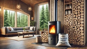 DALL·E 2024-11-26 08.13.59 - A highly realistic and detailed illustration of biomass energy production focusing on firewood and pellets. The image shows a modern pellet stove heat