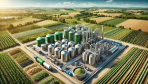 DALL·E 2024-11-26 08.16.49 - A highly realistic and detailed illustration of biogas production using organic waste. The image features a biogas plant with fermenters and storage t