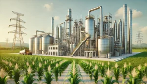 DALL·E 2024-11-26 08.21.03 - A highly realistic, modern industrial aesthetic scene showcasing bioethanol production from plants. The setting features advanced machinery for proces