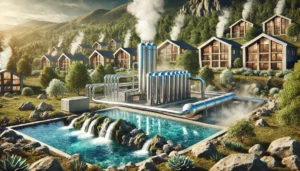 DALL·E 2024-11-26 08.27.50 - A realistic scene depicting geothermal energy in action, showing a facility using hot springs to provide heating for buildings. The setting features a