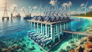 DALL·E 2024-11-26 08.33.34 - A realistic and futuristic scene illustrating ocean thermal energy conversion (OTEC) technology. The setting features a floating platform in tropical