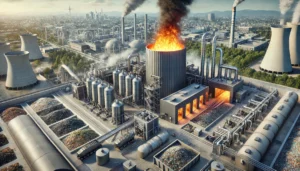 DALL·E 2024-11-26 08.36.47 - A highly realistic industrial scene showing a waste-to-energy plant in operation. The facility features a large incinerator with controlled flames vis