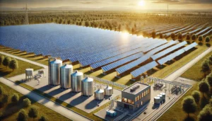 DALL·E 2024-11-26 09.01.53 - A realistic depiction of the solar heating plant in Mszczonów, Poland, showcasing its large array of solar collectors installed on platforms in an ope