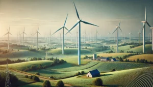 DALL·E 2024-11-26 09.16.07 - A realistic depiction of the Potęgowo Onshore Wind Farm in Poland, featuring large wind turbines spread across a rural landscape with green fields and