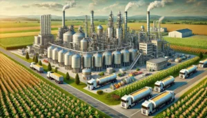 DALL·E 2024-11-26 10.16.58 - A realistic depiction of a bioethanol production facility in Goświnowice, Poland, showcasing the conversion of plants like corn and wheat into bioetha