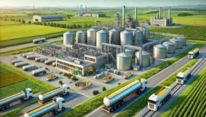 DALL·E 2024-11-26 10.23.05 - A realistic depiction of a biodiesel production facility in Kętrzyn, Poland, showcasing the conversion of plant oils and animal fats into renewable fu