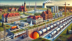 DALL·E 2024-11-26 11.09.15 - A realistic depiction of the geothermal energy project in Uniejów, Poland. The scene includes modern geothermal infrastructure with pipelines deliveri