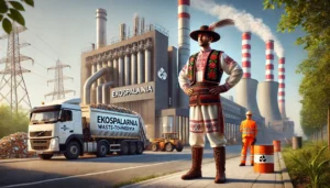 DALL·E 2024-11-26 11.14.46 - A realistic depiction of the Ekospalarnia waste-to-energy plant in Kraków, Poland, featuring a character in traditional Kraków regional attire standin