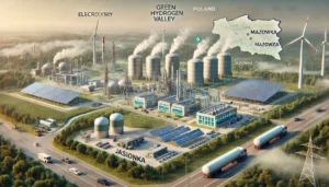 DALL·E 2024-11-26 11.47.48 - A realistic depiction of Poland's Hydrogen Valleys, showcasing modern facilities for green hydrogen production and storage. The scene includes electro