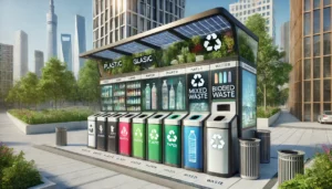 DALL·E 2024-11-26 14.34.06 - A realistic depiction of a modern multifunctional waste segregation station in an urban setting. The station is divided into clearly marked sections f