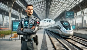 DALL·E 2024-11-26 15.23.13 - A realistic and futuristic depiction of a Polish railway worker dressed in a sleek, futuristic uniform, standing proudly in front of the Central Commu