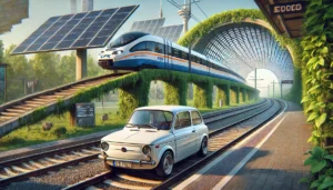 DALL·E 2024-11-26 15.30.48 - A realistic and artistic illustration showing a scene with a Fiat 126P parked near a futuristic high-speed train station connected to the Central Comm