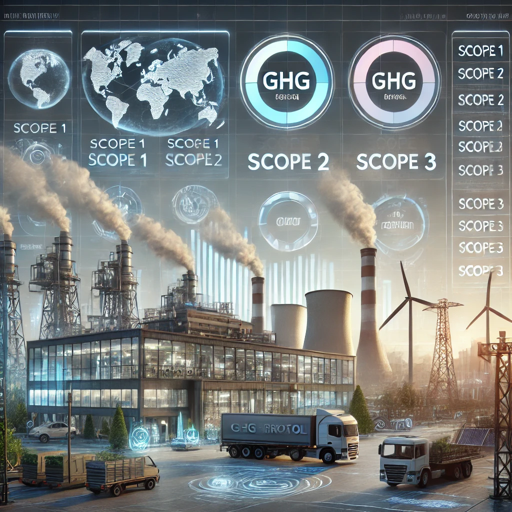 DALL·E 2024-11-30 06.23.42 - A highly realistic and professional illustration representing the GHG Protocol and its framework for managing greenhouse gas emissions. The scene feat