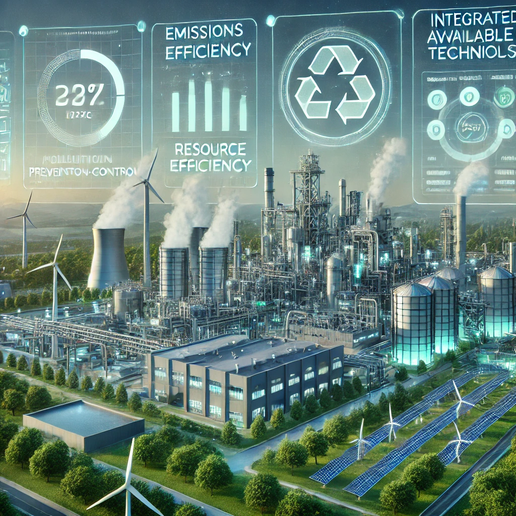 DALL·E 2024-11-30 06.31.18 - A highly realistic and professional illustration representing IPPC (Integrated Pollution Prevention and Control) and integrated permits. The image fea