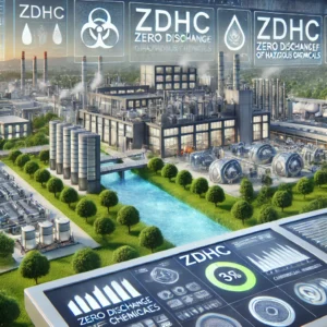 DALL·E 2024-11-30 06.44.46 - A highly realistic and professional illustration representing ZDHC (Zero Discharge of Hazardous Chemicals). The scene features a modern textile manufa