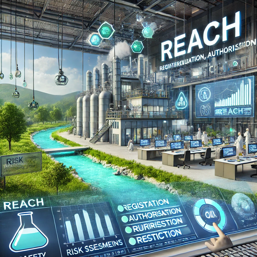 DALL·E 2024-11-30 06.51.07 - A highly realistic and professional illustration representing REACH (Registration, Evaluation, Authorisation, and Restriction of Chemicals) regulation