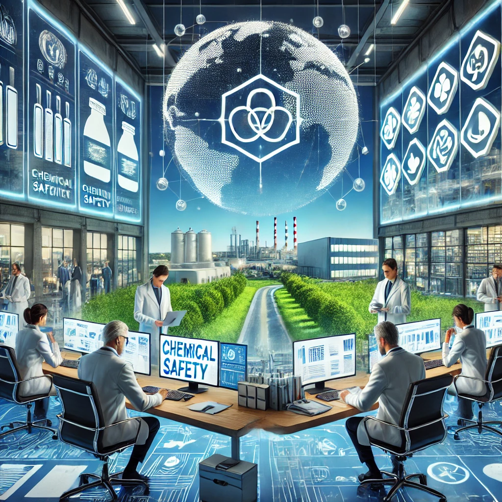 DALL·E 2024-11-30 06.57.41 - A highly realistic and professional illustration representing the European Chemicals Agency (ECHA). The scene features a modern office with scientists