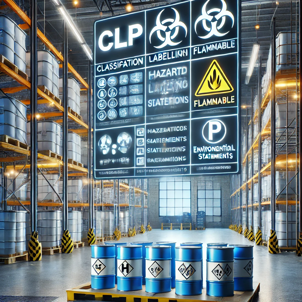 DALL·E 2024-11-30 07.01.00 - A highly realistic and professional illustration representing the CLP Regulation (Classification, Labelling, and Packaging) under the EU framework. Th