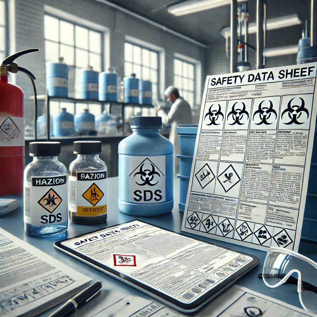 DALL·E 2024-11-30 07.18.33 - A highly realistic and professional illustration representing a Safety Data Sheet (SDS) in a chemical safety context. The scene features a laboratory