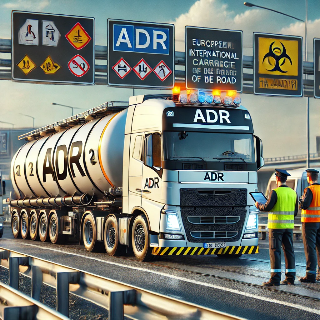 DALL·E 2024-11-30 07.28.21 - A highly realistic and professional illustration representing ADR (European Agreement concerning the International Carriage of Dangerous Goods by Road