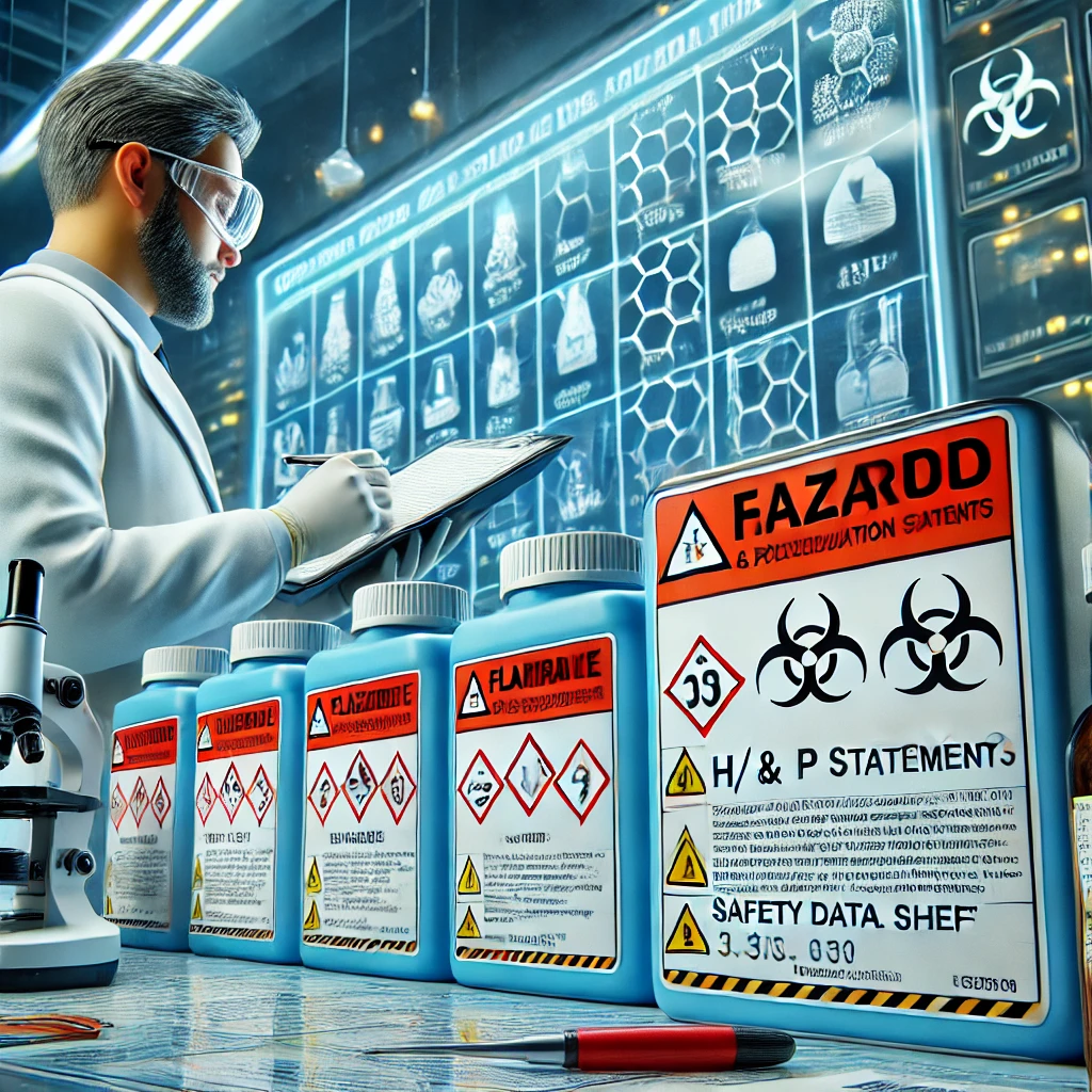 DALL·E 2024-11-30 07.31.27 - A highly realistic and professional illustration representing hazard and precautionary statements (H and P statements) in chemical labeling. The scene