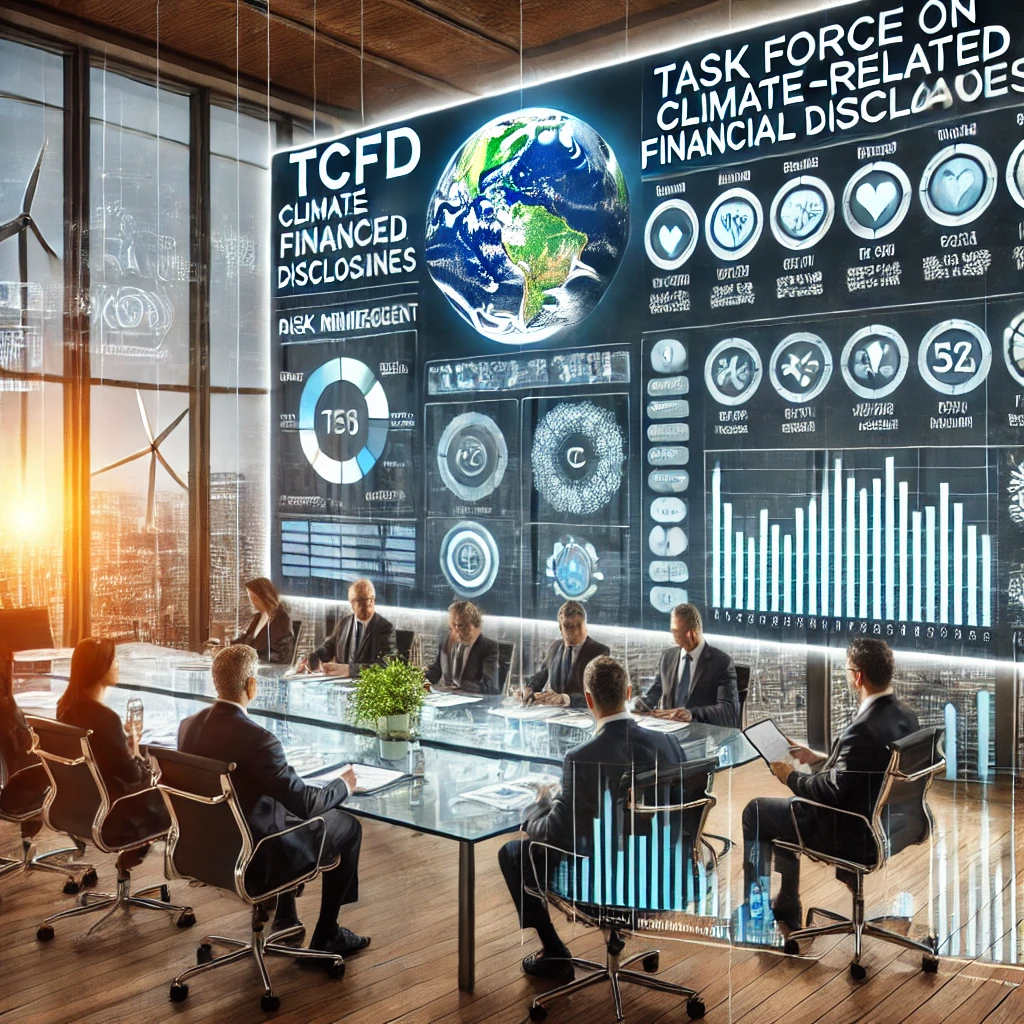 DALL·E 2024-11-30 07.37.12 - A highly realistic and professional illustration representing TCFD (Task Force on Climate-related Financial Disclosures). The scene features a corpora