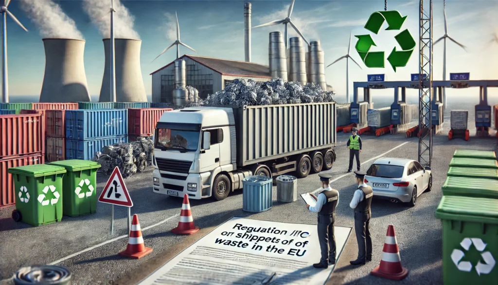 DALL·E 2024-11-30 10.12.56 - A highly realistic depiction of waste management inspired by Regulation (EC) No 1013_2006 on shipments of waste in the EU. The image shows a cargo tru