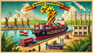 DALL·E 2024-11-30 10.15.14 - A highly realistic depiction inspired by the Bamako Convention (1991) on the prohibition of hazardous waste imports into Africa. The image features a