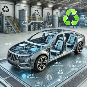 DALL·E 2024-11-30 10.58.45 - A highly realistic and professional illustration showcasing the material composition of a passenger car with a focus on recycling. The car is depicted