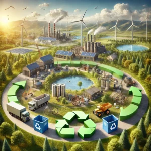 DALL·E 2024-11-30 15.03.49 - A highly realistic and professional illustration symbolizing the concept of a Circular Economy (GOZ). The scene features a cycle of production, consum