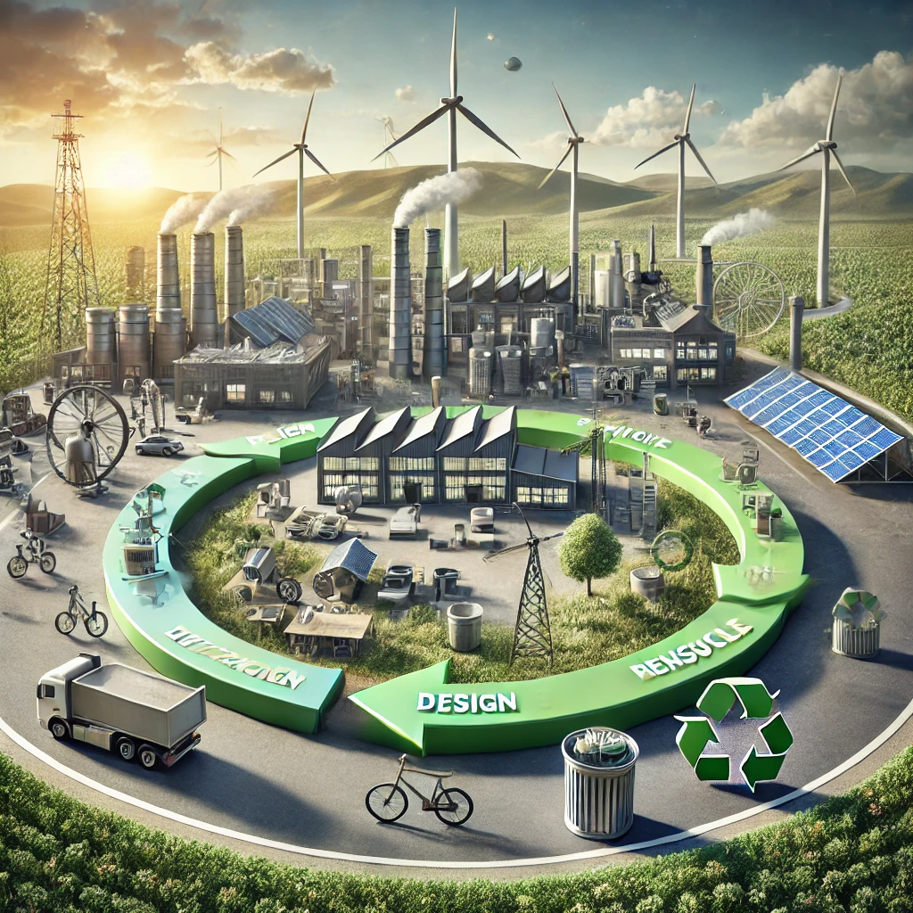 DALL·E 2024-11-30 15.08.45 - A highly realistic and professional illustration symbolizing Circular Economy. The scene features a circular diagram showing stages like design, produ