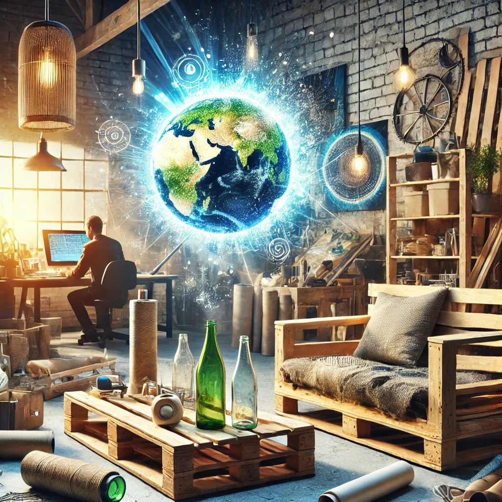 DALL·E 2024-11-30 15.19.51 - A highly realistic and professional illustration representing upcycling. The scene features a creative workspace with repurposed materials such as old