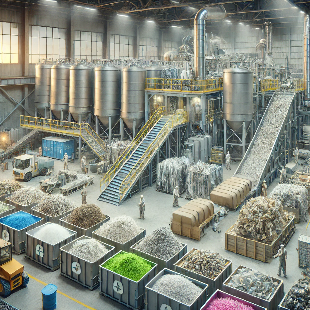 DALL·E 2024-11-30 15.28.03 - A highly realistic and professional illustration representing downcycling. The scene shows a recycling facility processing materials like plastics, pa