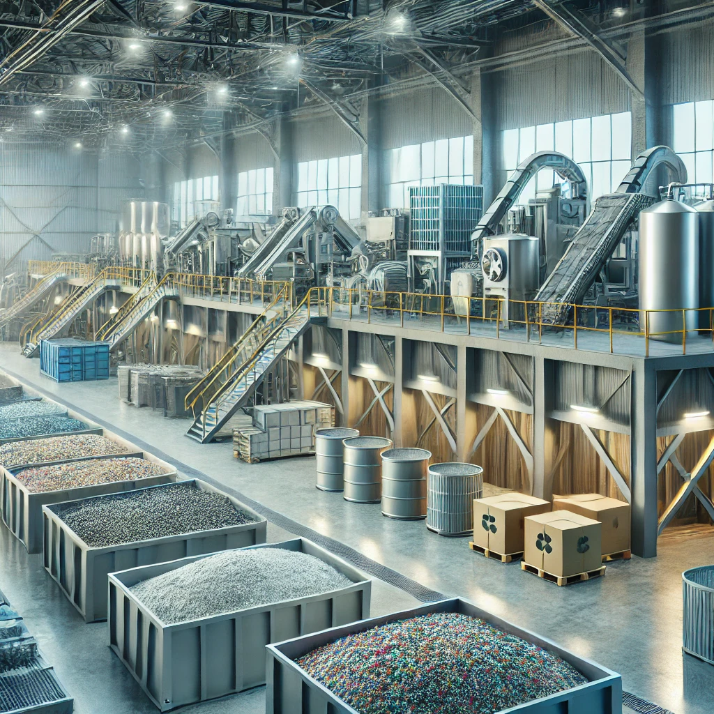 DALL·E 2024-11-30 15.31.28 - A highly realistic and professional illustration representing material recovery. The scene features a modern recycling facility with machines sorting