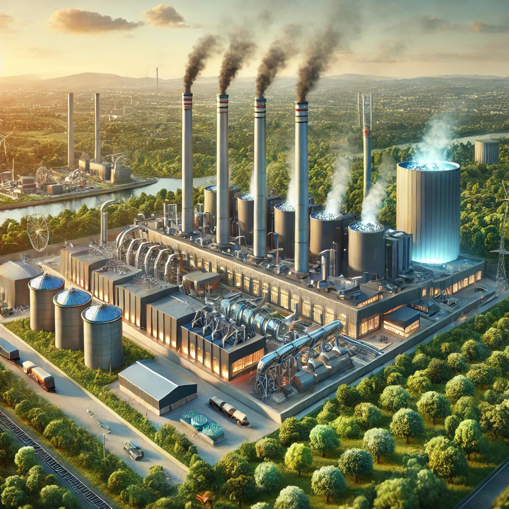 DALL·E 2024-11-30 15.37.24 - A highly realistic and professional illustration representing energy recovery from waste. The scene features a modern waste-to-energy facility with ch