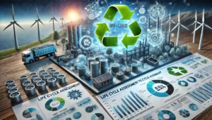 DALL·E 2024-11-30 17.18.36 - A highly realistic depiction inspired by ISO 14040 Life Cycle Assessment (LCA). The image illustrates the full lifecycle of a product, from raw materi