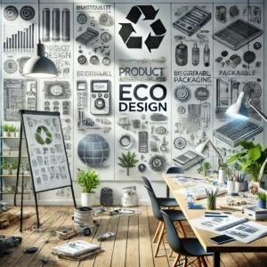 DALL·E 2024-11-30 21.38.22 - A highly realistic and professional illustration representing eco-design. The image features a product design studio with sketches of sustainable prod