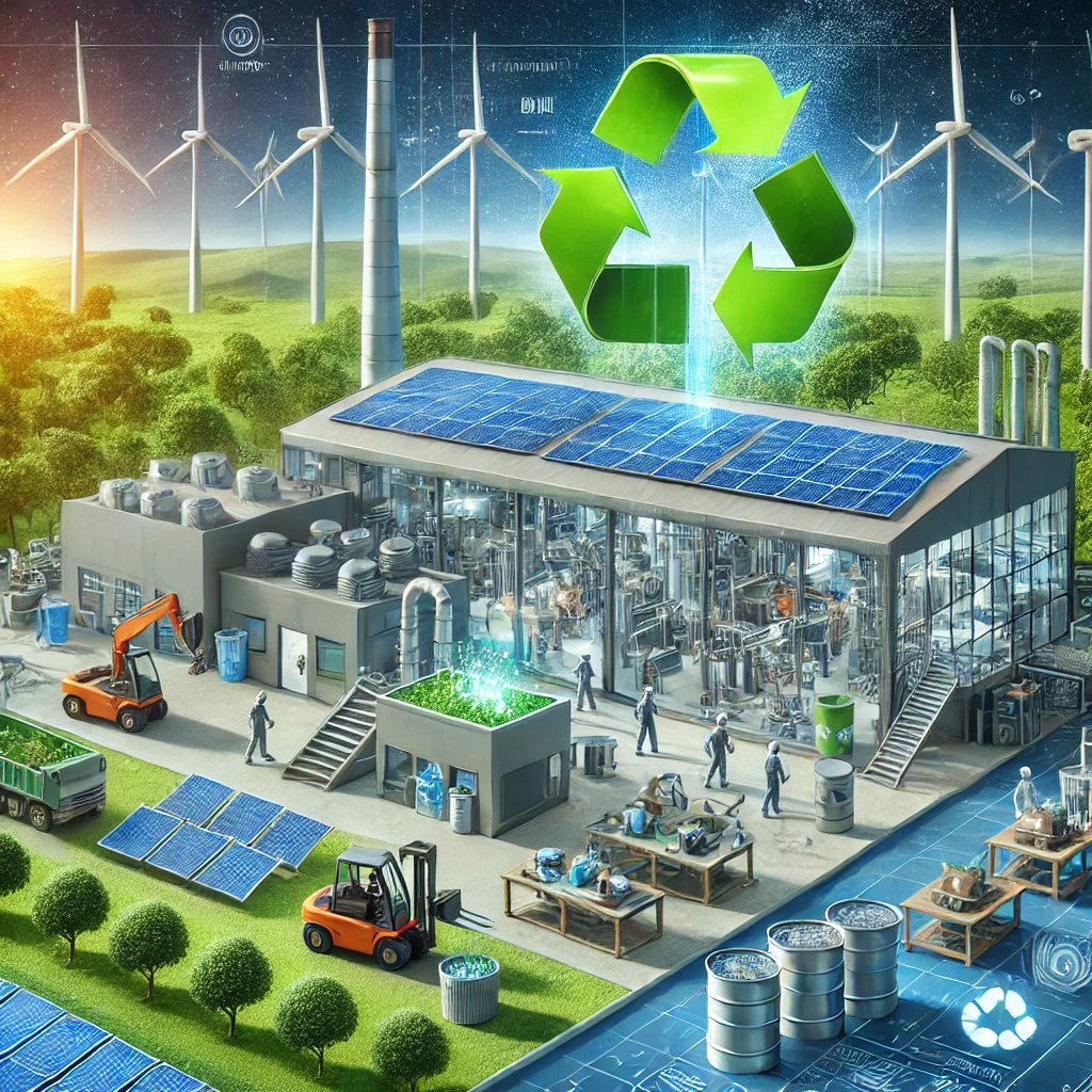 DALL·E 2024-11-30 21.43.16 - A highly realistic and professional illustration representing sustainable production. The scene features a modern factory powered by renewable energy