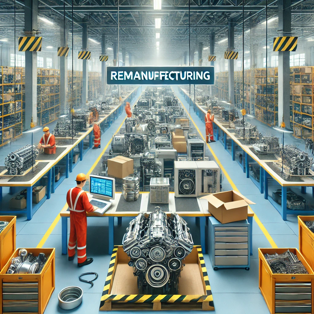 DALL·E 2024-11-30 22.04.10 - A highly realistic and professional illustration representing remanufacturing. The scene features a modern industrial facility where used products lik