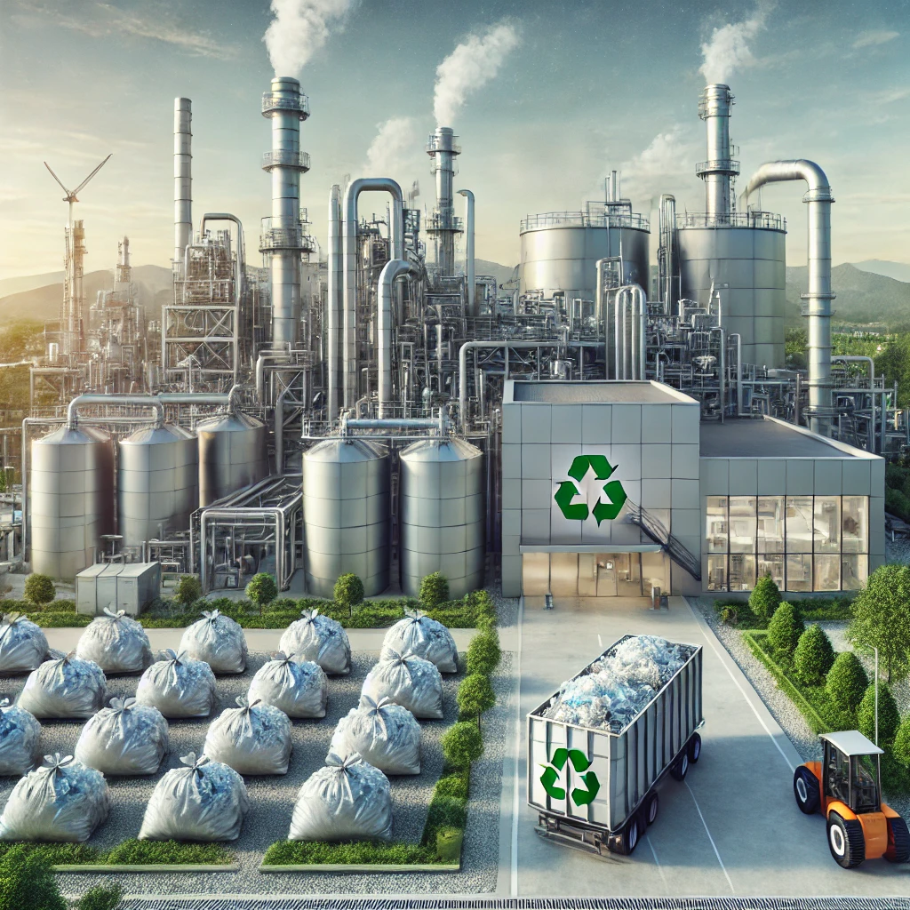 DALL·E 2024-11-30 22.07.49 - A highly realistic and professional illustration representing chemical recycling. The scene features a modern industrial facility with advanced chemic