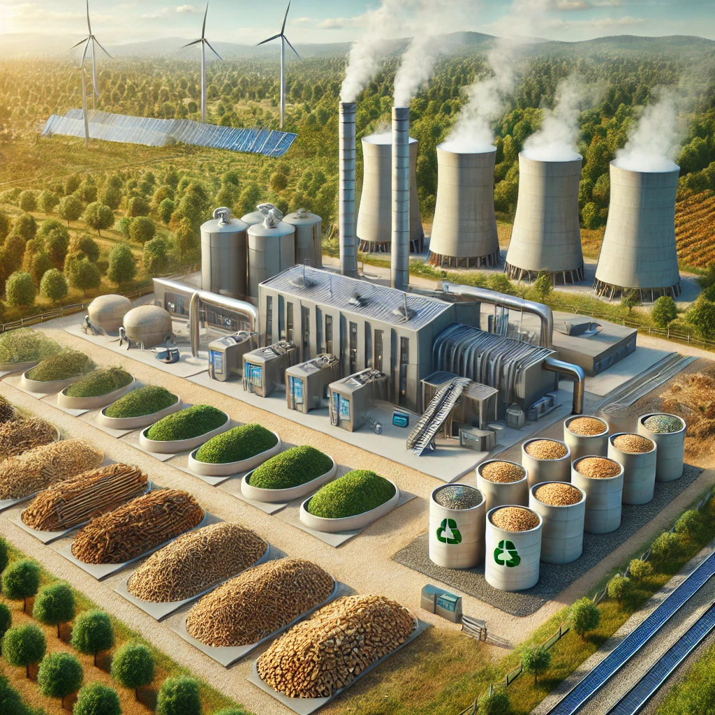 DALL·E 2024-11-30 22.15.17 - A highly realistic and professional illustration representing biomass as a renewable energy source. The scene features a biomass power plant surrounde